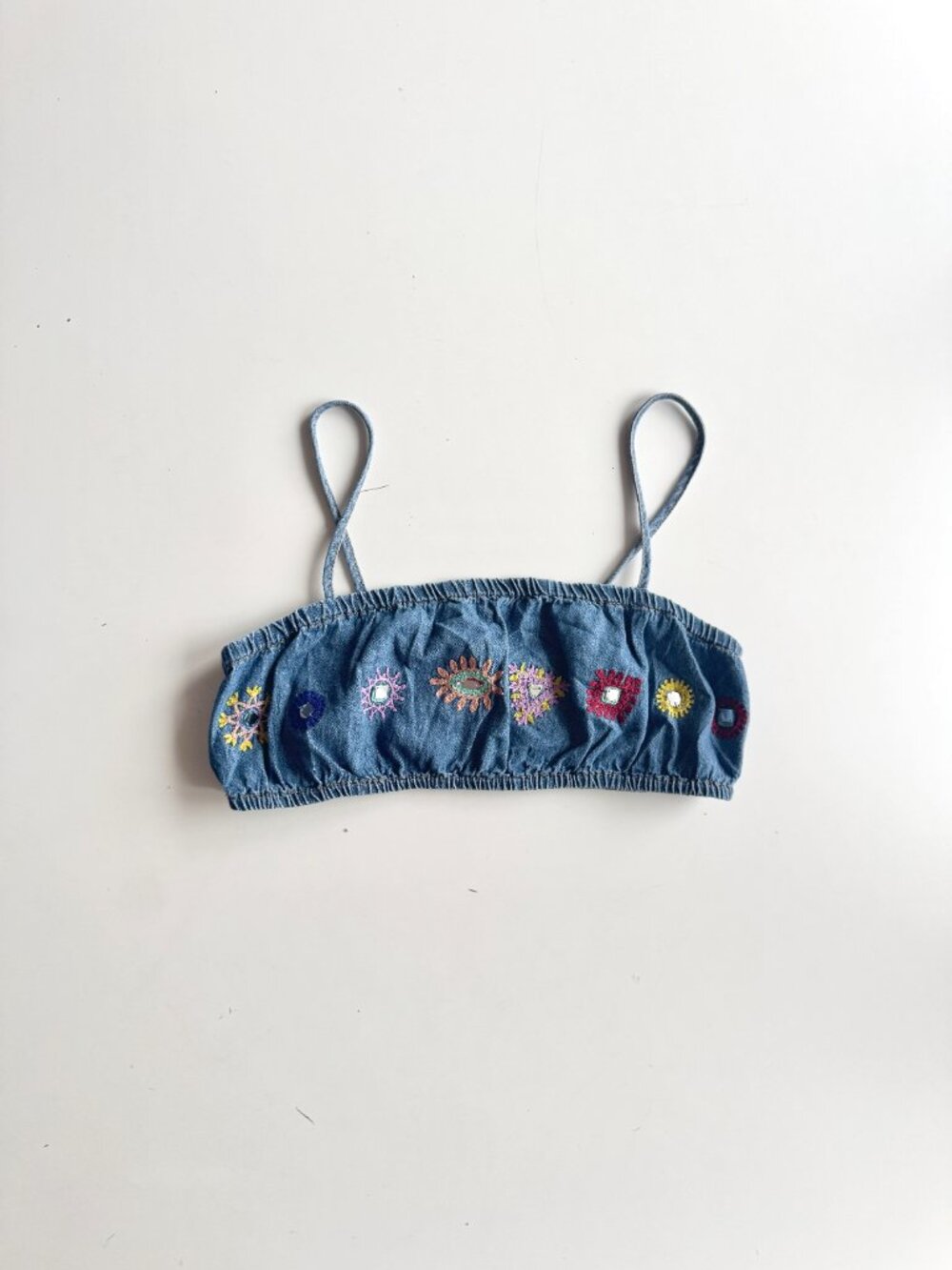 ZARA Blue Chambray Floral Mirror Embroidered Cropped Bandeau Tank Top, Size S